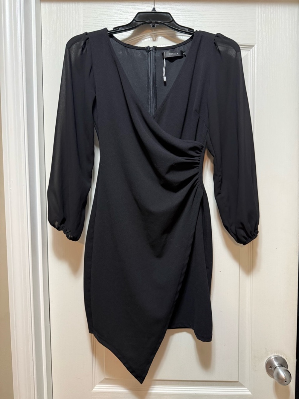 Jessica Black Draped V-Neck Long Sleeve Asymmetric Dress
